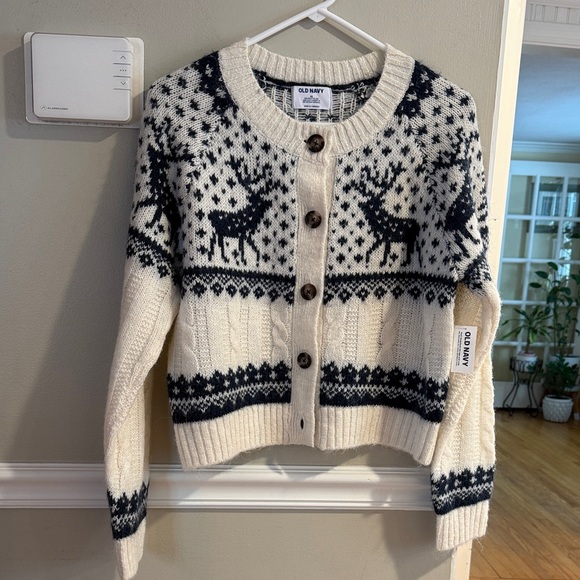 Old Navy Sweaters - Old Navy Cream and Black Reindeer Fair Isle Button-Front Cardigan